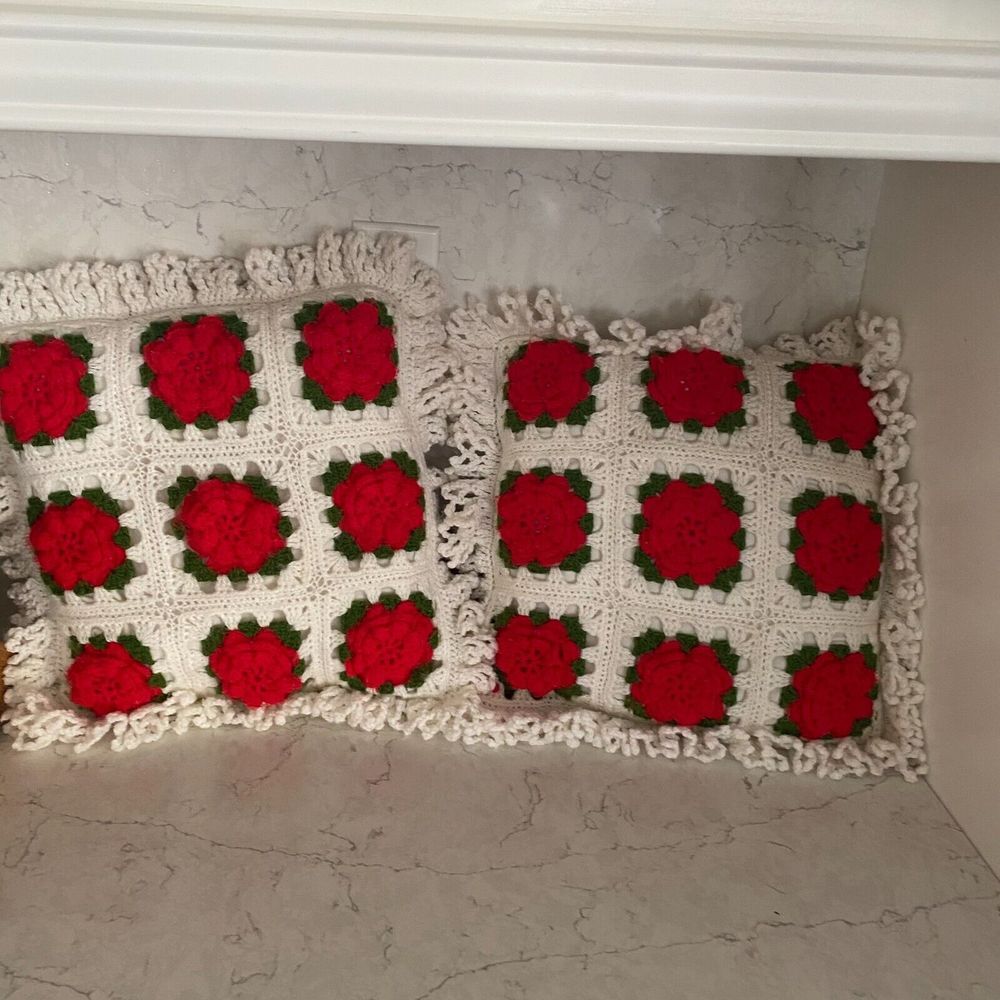 Granny Square Rosanne Crochet Handmade Petal Flower Decorative Pillow Pair